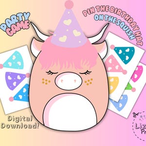 Pin The Birthday Hat On The Squish mallow Game, Printable Party Poster and Birthday Crown Cut-Outs, Kids Party Squish Birthday Celebration