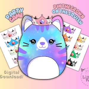 Pin The Crown On The Squish mallow Game, Printable Party Poster and Birthday Crown Cut-Outs, Kids Party Squish Game For Birthday Celebration