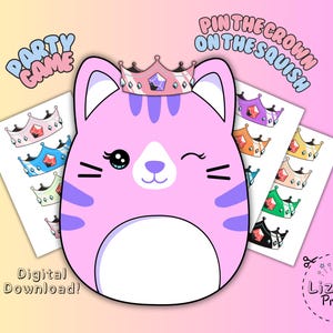 Pin The Crown On The Cat Squish mallow Game, Printable Party Poster and Birthday Crown Cut-Outs, Kids Squish mallow Birthday Party Activity