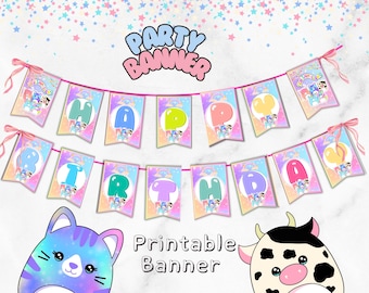 May include: A colorful party banner with the words "HAPPY BIRTHDAY" spelled out on individual pennants. The banner features pastel colors, cartoon characters, and the text "Printable Banner".
