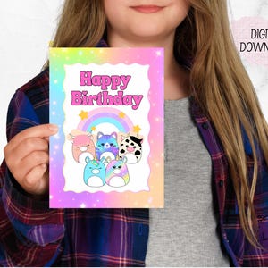 Cartão de aniversário digital Squish Mallow para impressão, cartão de feliz aniversário fofo e macio em formato de arco-íris para crianças, cartão de aniversário para download instantâneo para festas
