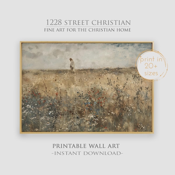 Lámina "Cristo entre flores silvestres": Decoración cristiana para el hogar (Descarga digital)