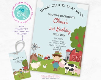 Editable Farm Birthday Invitation, Farm Animals Birthday Invite, Barnyard invitation, Barn animals party, ranch party, Boy farm party (FM2)