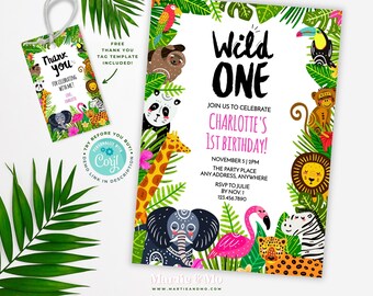 Editable Safari Birthday Invitation Wild One 1st Birthday Invite, Jungle safari birthday, jungle animals, safari animals birthday (JS4PA)