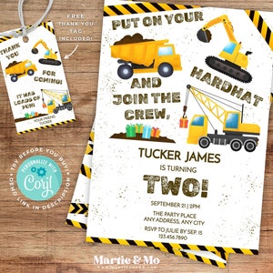 Editable Construction 2nd Birthday Invitation, Construction Second Birthday, Dump truck, Excavator, Diggers, Construction Party (CN5B)