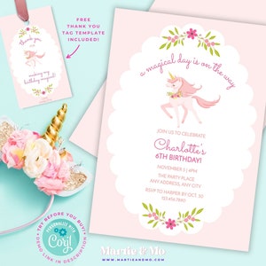 Editable Unicorn Birthday Invitation, Magical Birthday Invitation, Unicorn Party, Magical Unicorn Invite, Elegant Pink Unicorn (UN19A)