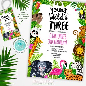 Könnte beinhalten: Eine Dschungel-Geburtstagseinladung mit weißem Hintergrund und bunten Tierillustrationen. Der Text lautet "young wild & three" und "Join us to celebrate Charlotte's 3rd Birthday!" mit Details zu Datum, Uhrzeit und RSVP-Informationen.