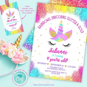 Editable Rainbow Glitter Unicorn Birthday Invitation Magical Birthday Invitation Unicorn Party Magical Unicorn Invite Instant Download (UN6)