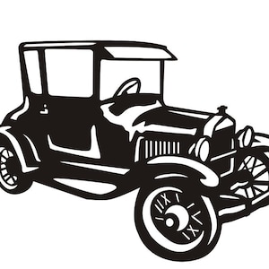 May include: Black and white silhouette of a vintage car with a closed roof and four wheels. The car has a spare tire on the back and a radiator grill.
