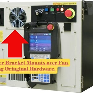 May include: A white and black industrial machine with a control panel, fan, and a red arrow pointing upwards. The text "Filter Bracket Mounts over Fan Using Original Hardware" is displayed. The machine has a digital display and various buttons.