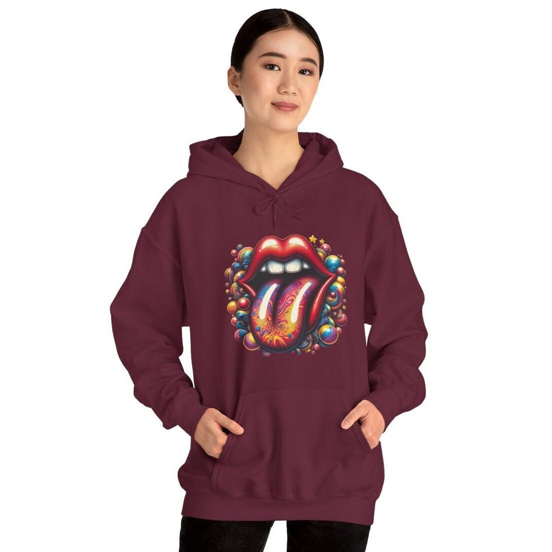 Preppy Rolling Stone Lips on Checkerboard Print Hoodie