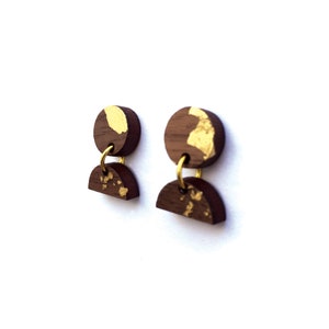 Mini Wood and Gold Foil Dangle Earrings. Dangle Earrings. Wood Earrings. Walnut Earrings. Laser Cut. Wood and Gold. Gold Leaf Earrings. image 3
