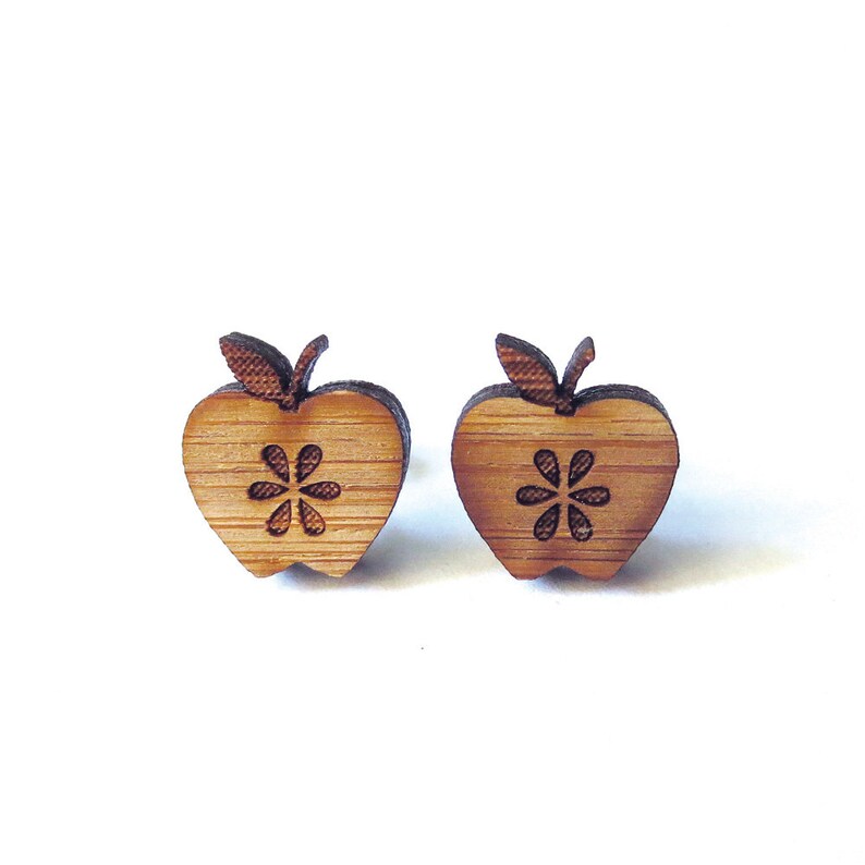 Apple Earrings. Wood Earrings. Stud Earrings. Cute Earrings. Gifts For Mom. Gifts For Her. Gifts Under 20. Stocking Stuffer. Teacher Gift image 2