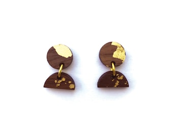 Mini Wood and Gold Foil Dangle Earrings. Dangle Earrings. Wood Earrings. Walnut Earrings. Laser Cut. Wood and Gold. Gold Leaf Earrings.