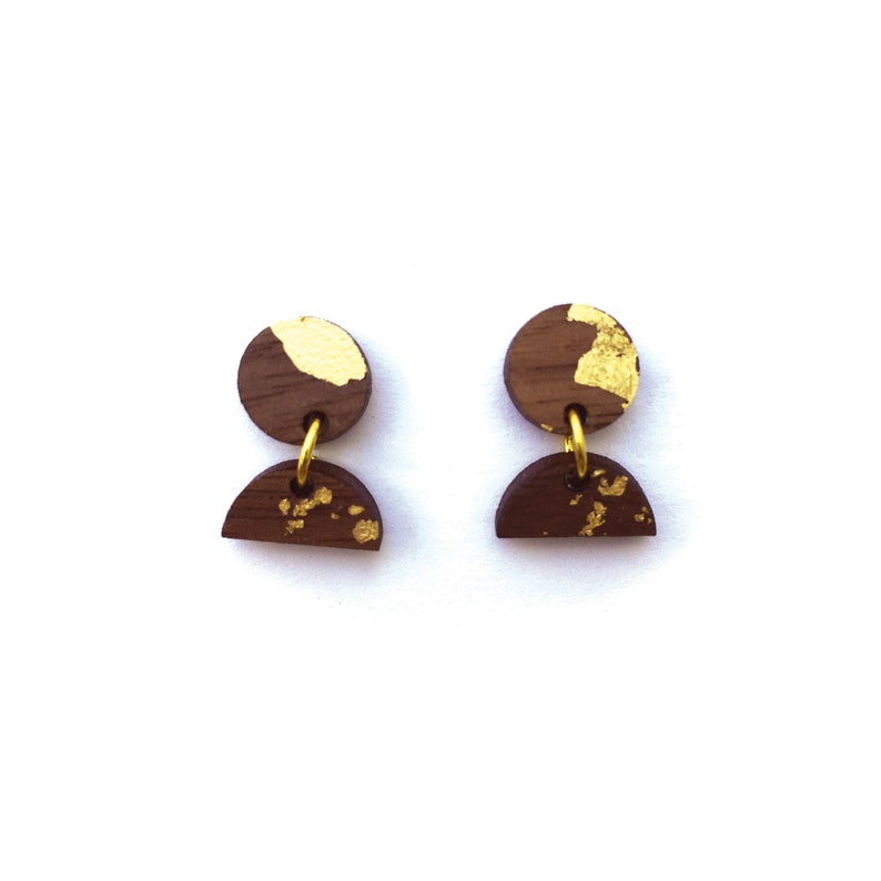 Mini Wood and Gold Foil Dangle Earrings. Dangle Earrings. Wood Earrings. Walnut Earrings. Laser Cut. Wood and Gold. Gold Leaf Earrings. image 1