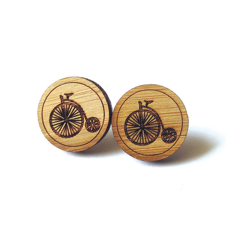 Medium Penny farthing Earrings. Bike Earrings. Wood Earrings. Stud Earrings. Laser Cut Earrings. Bamboo Earrings. Gifts For Her. image 1