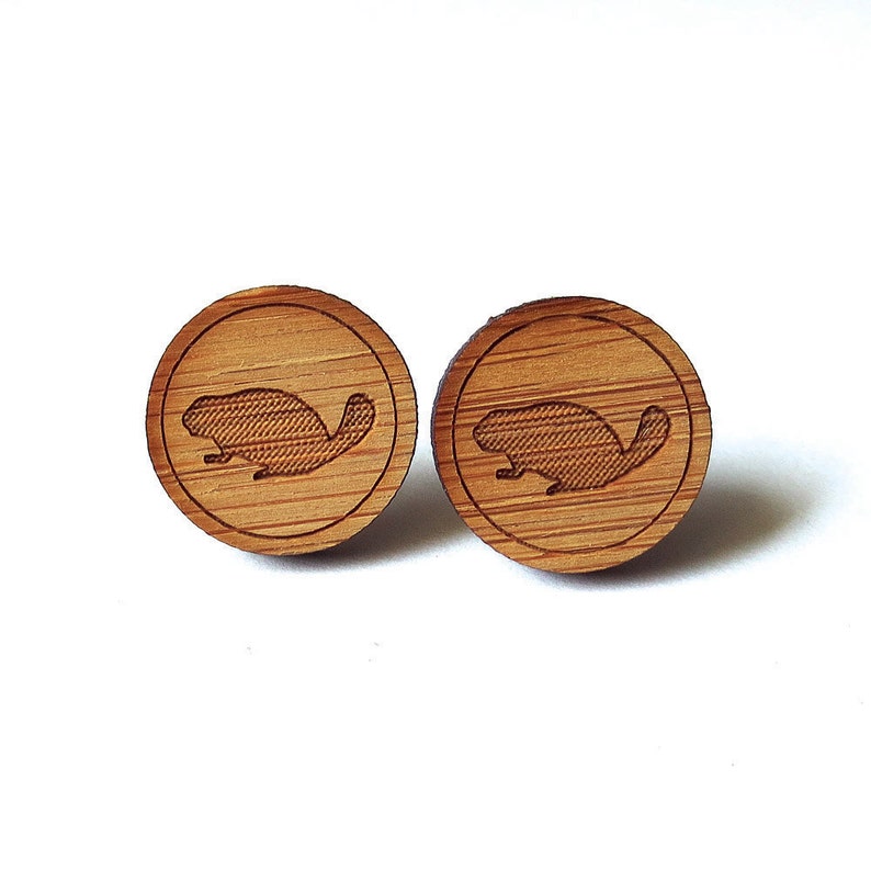 Medium Beaver Earrings. Wood Earrings. Stud Earrings. Laser Cut Earrings. Bamboo Earrings. Gifts For Her. Gift For Women. Canadian Beaver. image 1