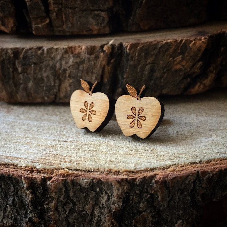 Apple Earrings. Wood Earrings. Stud Earrings. Cute Earrings. Gifts For Mom. Gifts For Her. Gifts Under 20. Stocking Stuffer. Teacher Gift image 1