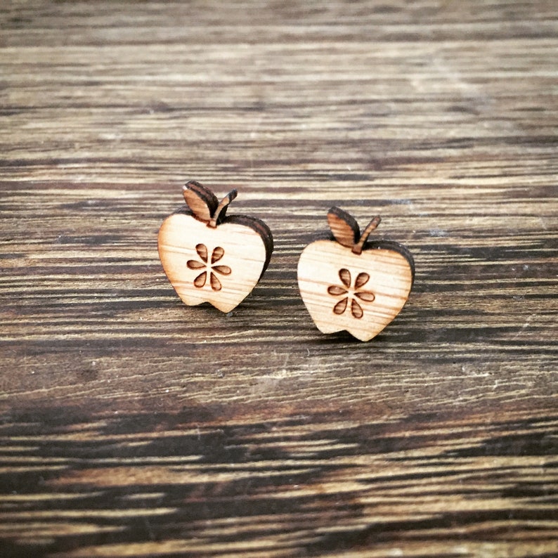 Apple Earrings. Wood Earrings. Stud Earrings. Cute Earrings. Gifts For Mom. Gifts For Her. Gifts Under 20. Stocking Stuffer. Teacher Gift image 5