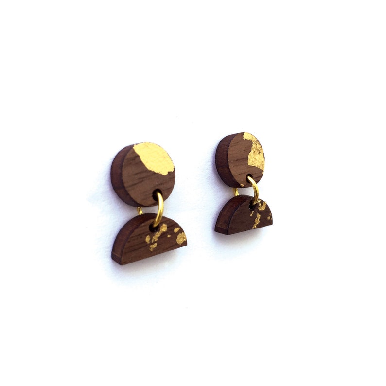 Mini Wood and Gold Foil Dangle Earrings. Dangle Earrings. Wood Earrings. Walnut Earrings. Laser Cut. Wood and Gold. Gold Leaf Earrings. image 2