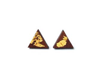 Wood and Gold Earrings. Geometric Earrings. Wood Earrings. Stud Earrings. Walnut Earrings. Anniversary Gift. Gold Leaf Earrings. Geometric.
