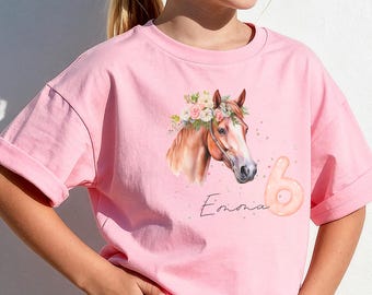 Personalized horse-themed birthday shirt for girls with name and number | Children's long-sleeved horse-themed birthday shirt | Gift for ages 3-10