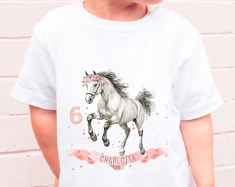 Personalized birthday T-shirt with horse, name, and number, ages 2-9, girls' horse shirt, birthday girl sweater, children's birthday shirt