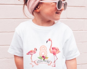 Flamingo Geburtstag T-Shirt für Mädchen, Flamingoparty Shirt personalisiert mit Name für 3 - 11 Jahre, Geburtstagsshirt rosa, navy Pullover