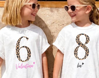 Leo Birthday T-Shirt with Name & Number, Leopard Print Birthday Shirt for Girls 4-18 Years, Long Sleeve, Birthday Girl, Leopard Print Children's Sweater
