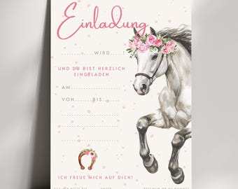 Horse-themed birthday party invitations for children | Cute birthday invitations for girls and children in A6 format | Horse party for grey horse fans