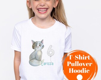 Children's Cute Cat T-Shirt Birthday Child Name Number Birthday Shirt Personalized 1 2 3 4 5 6 7 8 Sweater Girls Birthday Shirt