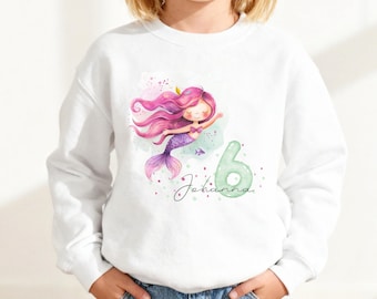 Meerjungfrau Geburtstag T-Shirt Name 3 - 10 Jahre, Unterwasser Geburtstagsshirt Pullover Mädchen personalisiert, Geschenk Kinder Nixe Meer