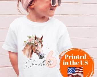 Kids Horse Birthday Tee with Name Number Horse Pony lover Personalized T-Shirt 2 3 4 5 6 7 8 9 for Girls Birthday Shirt Gift Idea Children
