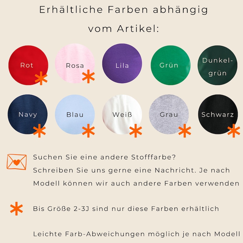May include: Image displays a color chart with 10 color options: red, pink, purple, green, dark green, navy, light blue, white, gray, and black. Text in German indicates available colors and size limitations.