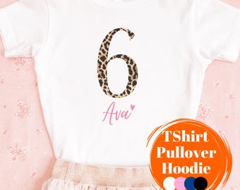 Leo Birthday T-Shirt with Name & Number, Leopard Print Birthday Shirt for Girls 4-18 Years, Long Sleeve, Birthday Girl, Leopard Print Children's Sweater