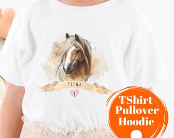 Children's Horse T-Shirt, Birthday Child's Name and Number, Birthday Shirt 3 4 5 6 7 8, Horse Sweater, Girls' Long-Sleeved Birthday Shirt, Pony