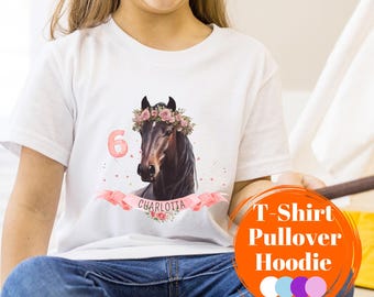 Children's Horse T-Shirt, Birthday Child's Name and Number, Personalized Birthday Shirt, 3 4 5 6 7 8, Horse Sweater, Girls' Long-Sleeved Birthday Shirt