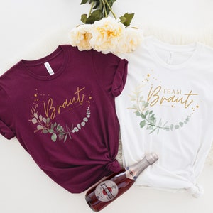 T-Shirt Braut Team personalisiert mit Nachname Name Vorne Rücken Junggesellenabschied Damen Shirt Frauen Ringe Team Braut Bride JGA Party