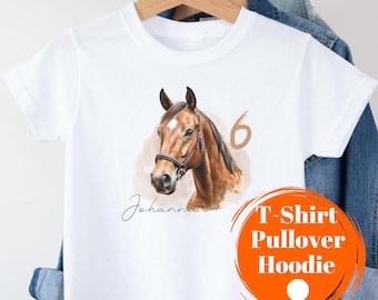 Children's Horse T-Shirt Birthday Child Name Number Birthday Shirt Personalized 3 4 5 6 7 8 Sweater Horse Girl Birthday Shirt Long Sleeve
