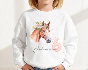 Personalized birthday T-shirt and sweater with horse and name, ages 2-14, gift idea for girls, outfit for a horse-themed birthday party