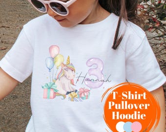 Unicorn Sweater Hoodie T-Shirt Birthday Child Name Birthday Shirt Personalized 1 2 3 4 5 6 7 Girls Kids Birthday Shirt Long Sleeve