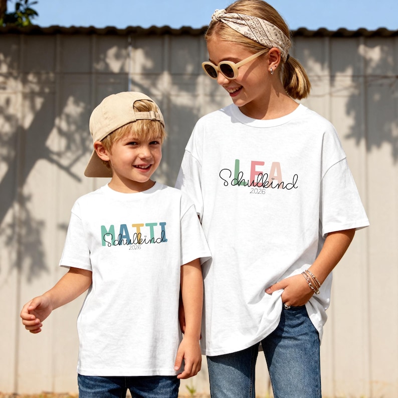 Einschulung T-Shirt 2026 personalisiert mit Name, Schulkind Shirt Mädchen, Tshirt zum Schulstart Junge, Einschulungsshirt Weiß Regenbogen