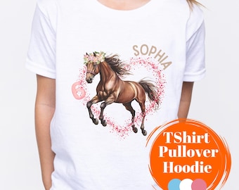 Children's Horse T-Shirt, Birthday Child's Name, Personalized Birthday Shirt, Sizes 4, 5, 6, 7, 8, 9, 10, Sweater with Heart, Girls' Long-Sleeved Birthday Shirt