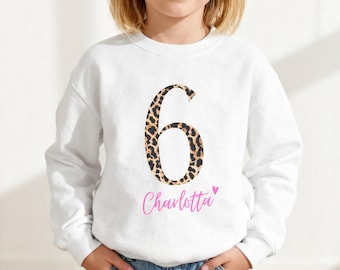 Leo Birthday T-Shirt with Name, Leopard Print Birthday Shirt for Girls 4-18 Years Old, Long Sleeve, Leopard Print Birthday Child Sweater