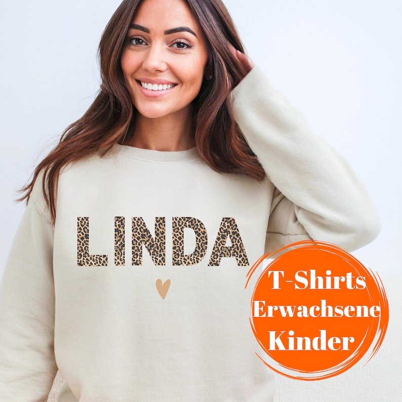 Name Leomuster Leopard personalisiert Pullover Beige Weiß Rosa Herz Namensshirt Namenspulli Namenspullover Pulli Geschenke für Sie Weihnachtsgeschenk für Damen Frauen
