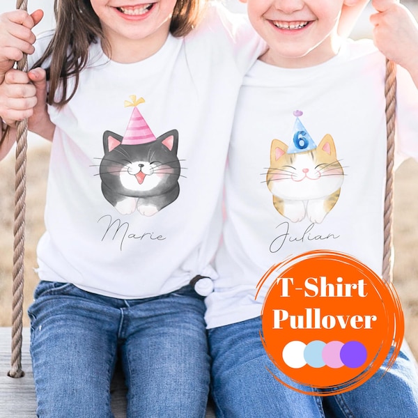 Kids Cute Cat T-Shirt Birthday Child Name Number Birthday Shirt Personalized 3 4 5 6 7 8 9 Pullover Kitten Girl Birthday Shirt