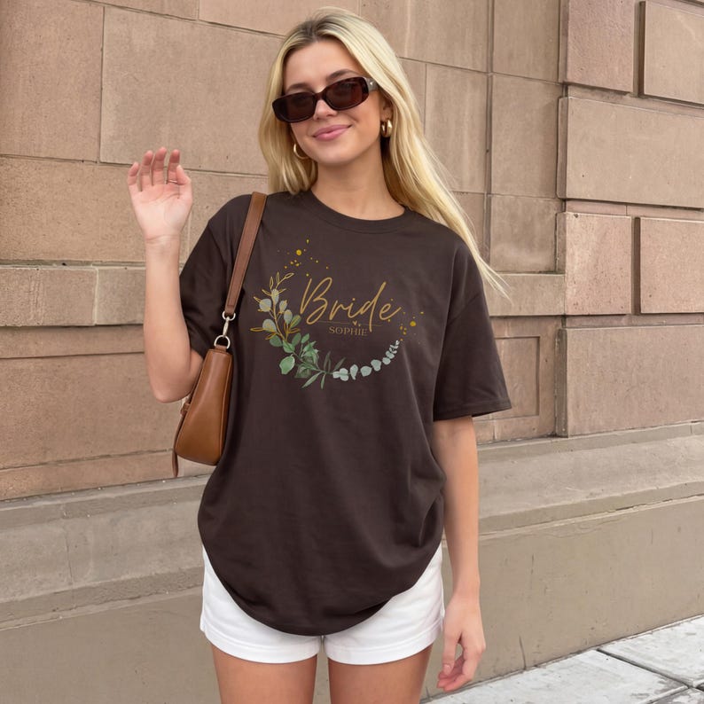 T-Shirt Braut Team personalisiert mit Nachname Name Vorne Rücken Junggesellenabschied Damen Shirt Frauen Ringe Team Braut Bride JGA Party