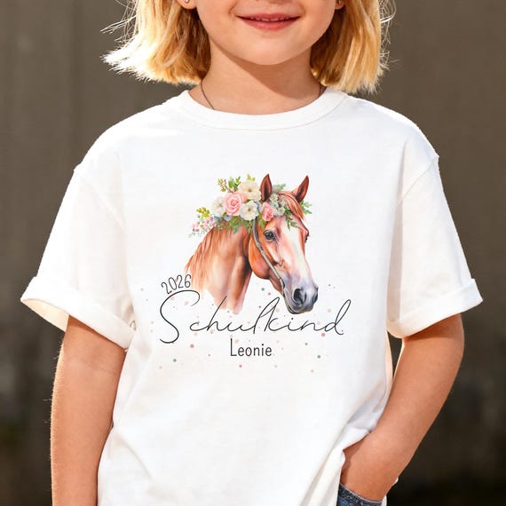 T-Shirt zur Einschulung Mädchen 2026 personalisiert mit Name, Schulkind Pferd Shirt, Einschulungsgeschenk Pferdemotiv Rosa Weiß Blau Pulli