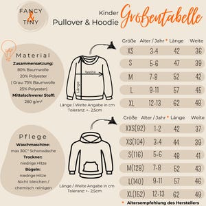 May include: Size chart for children's pullovers and hoodies. The chart shows sizes from XXS (92) to XL (152) with corresponding age ranges, lengths, and widths in inches. The chart also includes information about the material composition and care instructions.