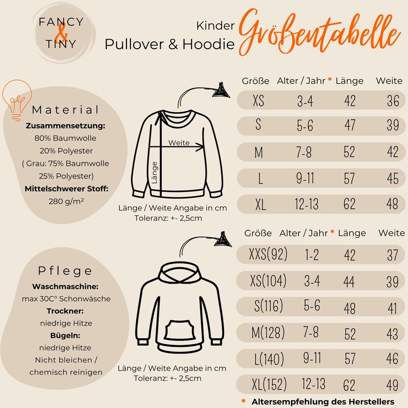 May include: Size chart for children's pullovers and hoodies. The chart shows sizes from XXS (92) to XL (152) with corresponding age ranges, lengths, and widths in inches. The chart also includes information about the material composition and care instructions.